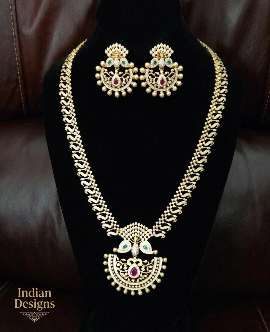 Traditional Indian Cz Haram Necklace Set with AD Stones| 22k Gold Plated South Indian Bridal Jewelry| Peacock Guttapusalu Long Necklace