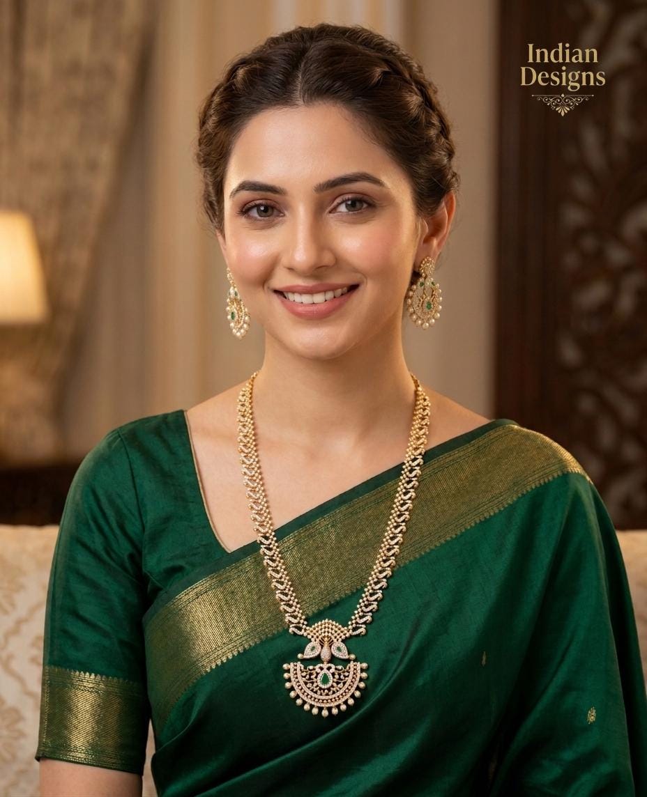 Traditional Indian Cz Haram Necklace Set with AD Stones| 22k Gold Plated South Indian Bridal Jewelry| Peacock Guttapusalu Long Necklace
