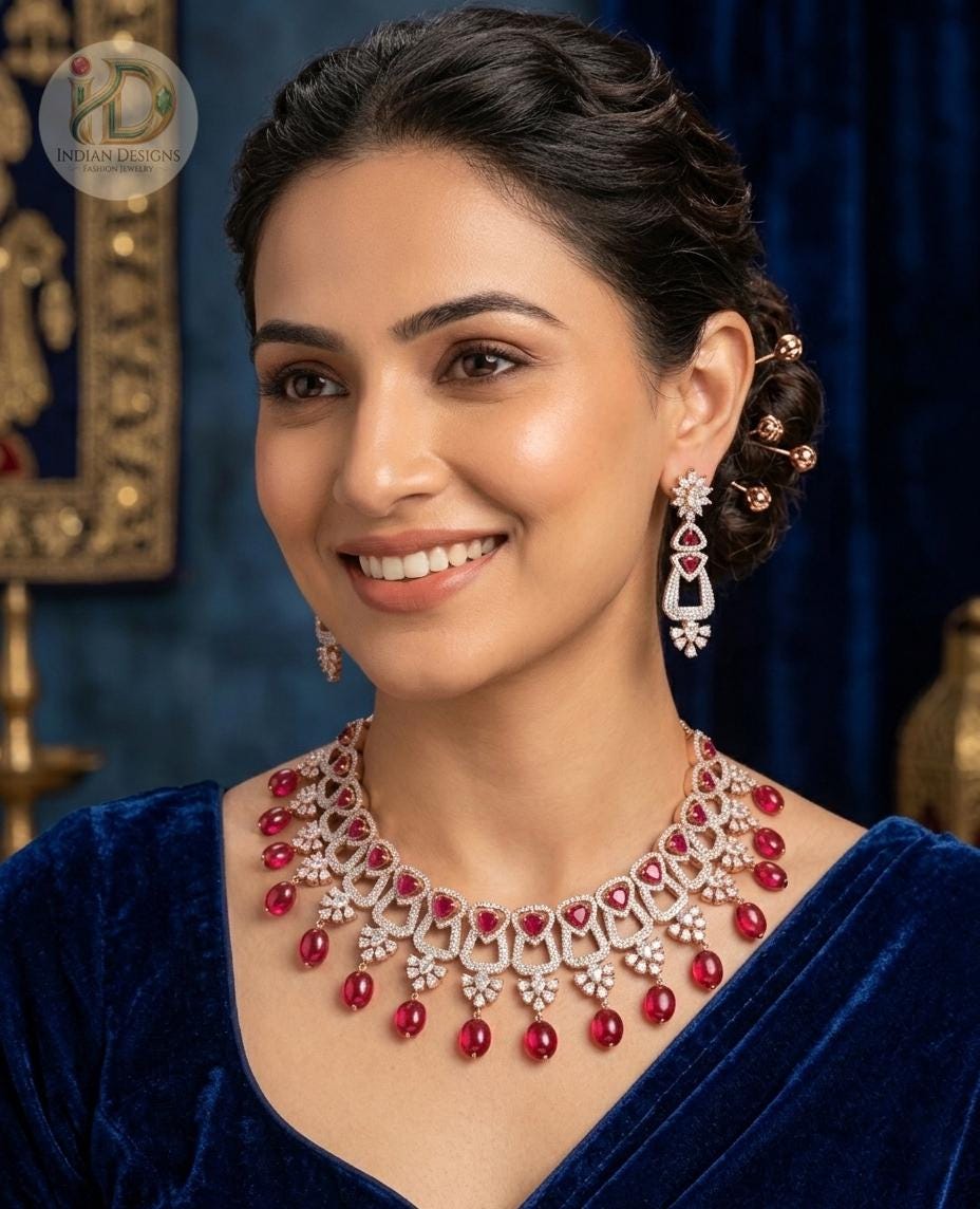 Semiprecious Diamond Design CZ and AD Choker Necklace| Traditional Indian Wedding Jewelry set|Grand Bridal Prom Jewelry|Bridesmaid Gift
