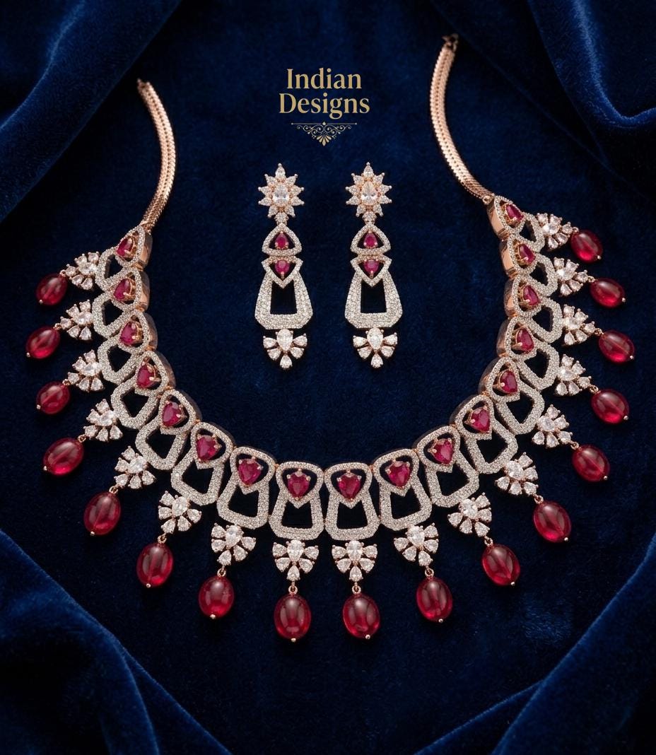 Semiprecious Diamond Design CZ and AD Choker Necklace| Traditional Indian Wedding Jewelry set|Grand Bridal Prom Jewelry|Bridesmaid Gift