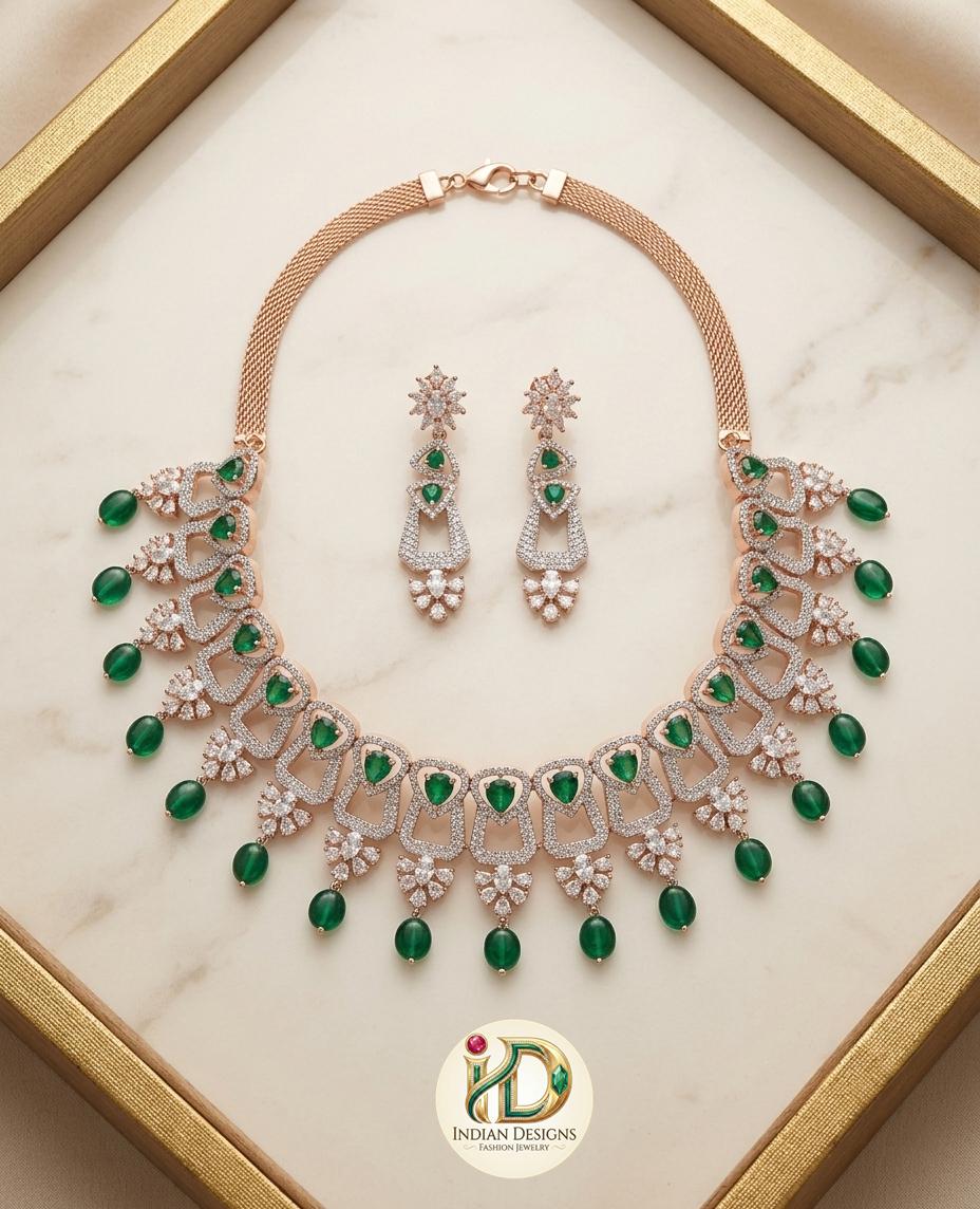Semiprecious Diamond Design CZ and AD Choker Necklace| Traditional Indian Wedding Jewelry set|Grand Bridal Prom Jewelry|Bridesmaid Gift