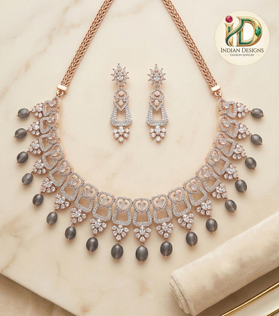 Semiprecious Diamond Design CZ and AD Choker Necklace| Traditional Indian Wedding Jewelry set|Grand Bridal Prom Jewelry|Bridesmaid Gift