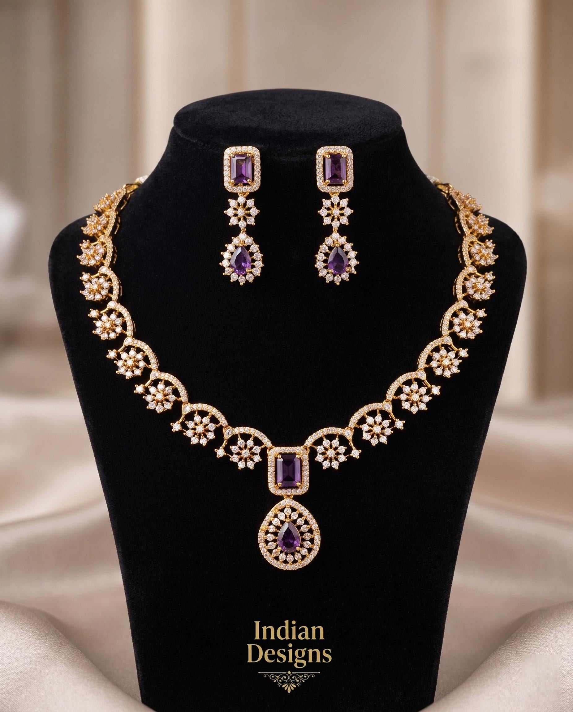 Matte Gold Indian Necklace Set with Earrings| American Diamond CZ Choker| Emerald Green Pink Purple Mint Ruby Necklace Set| Gift for her
