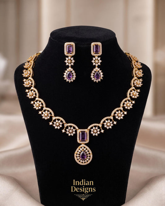 Matte Gold Indian Necklace Set with Earrings| American Diamond CZ Choker| Emerald Green Pink Purple Mint Ruby Necklace Set| Gift for her