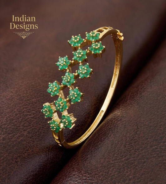 Gold Floral Bangle Bracelet| Indian Emerald Ruby Pearl Flower Cluster Kada| Statement Bridal Jewelry| Multi Gemstone Kada| Gift for Her