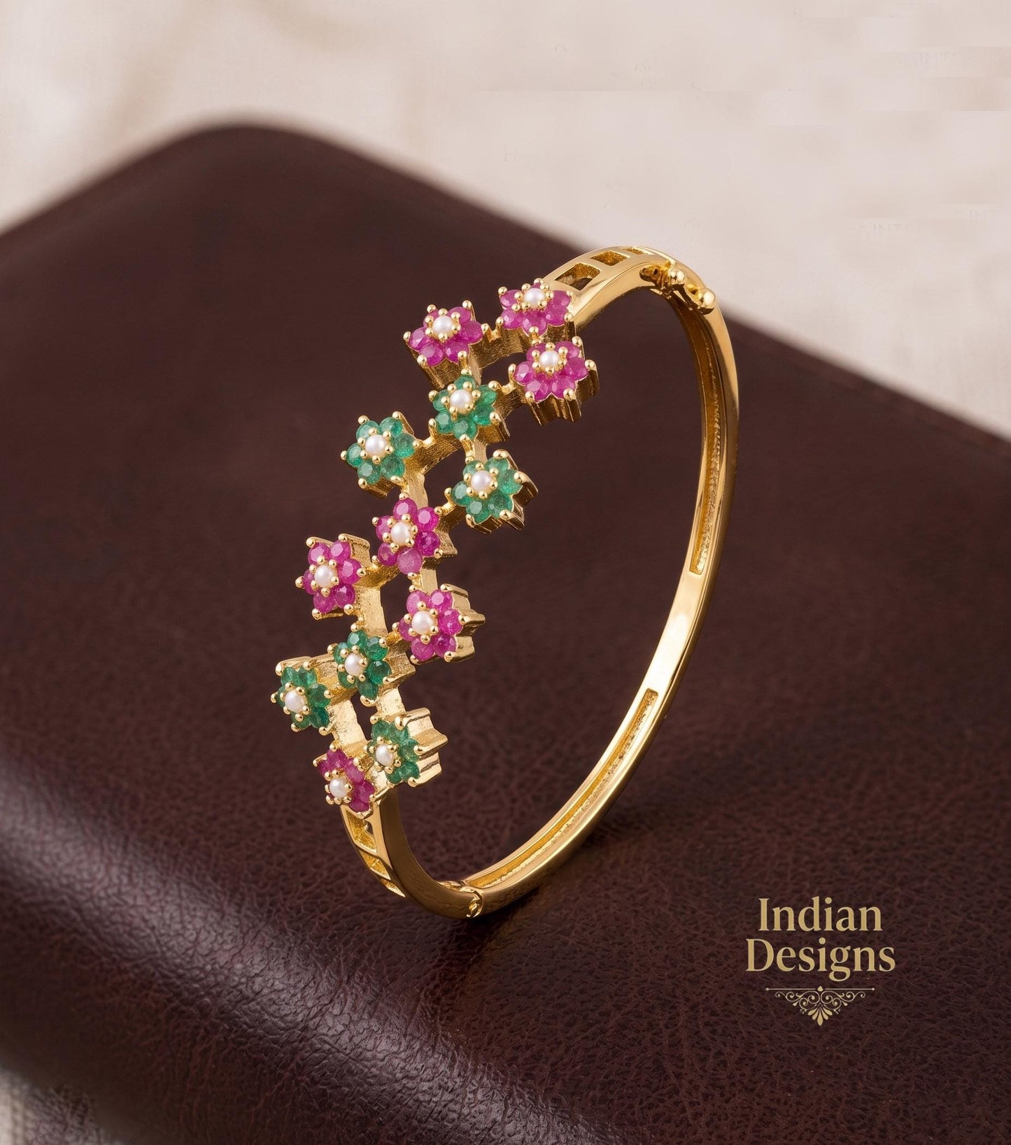 Gold Floral Bangle Bracelet| Indian Emerald Ruby Pearl Flower Cluster Kada| Statement Bridal Jewelry| Multi Gemstone Kada| Gift for Her