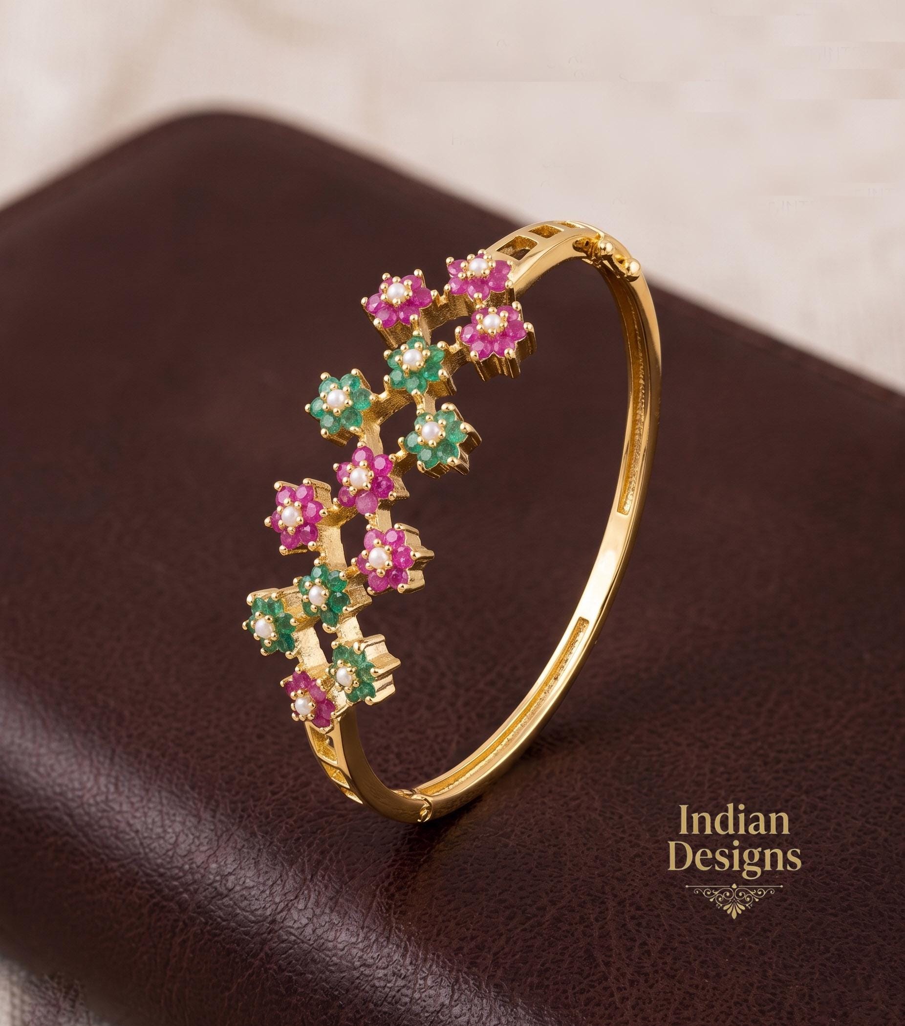 Gold Floral Bangle Bracelet| Indian Emerald Ruby Pearl Flower Cluster Kada| Statement Bridal Jewelry| Multi Gemstone Kada| Gift for Her