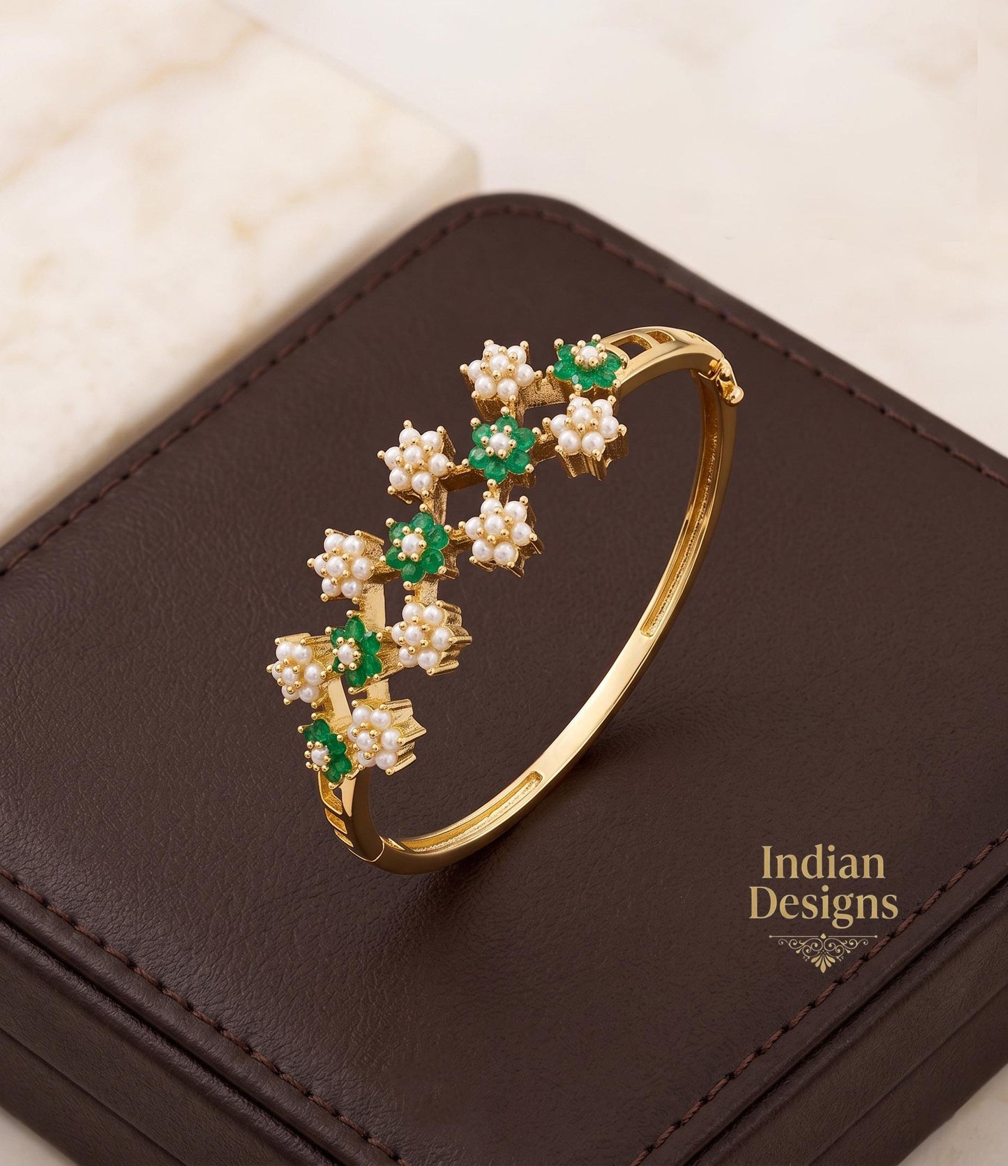 Gold Floral Bangle Bracelet| Indian Emerald Ruby Pearl Flower Cluster Kada| Statement Bridal Jewelry| Multi Gemstone Kada| Gift for Her