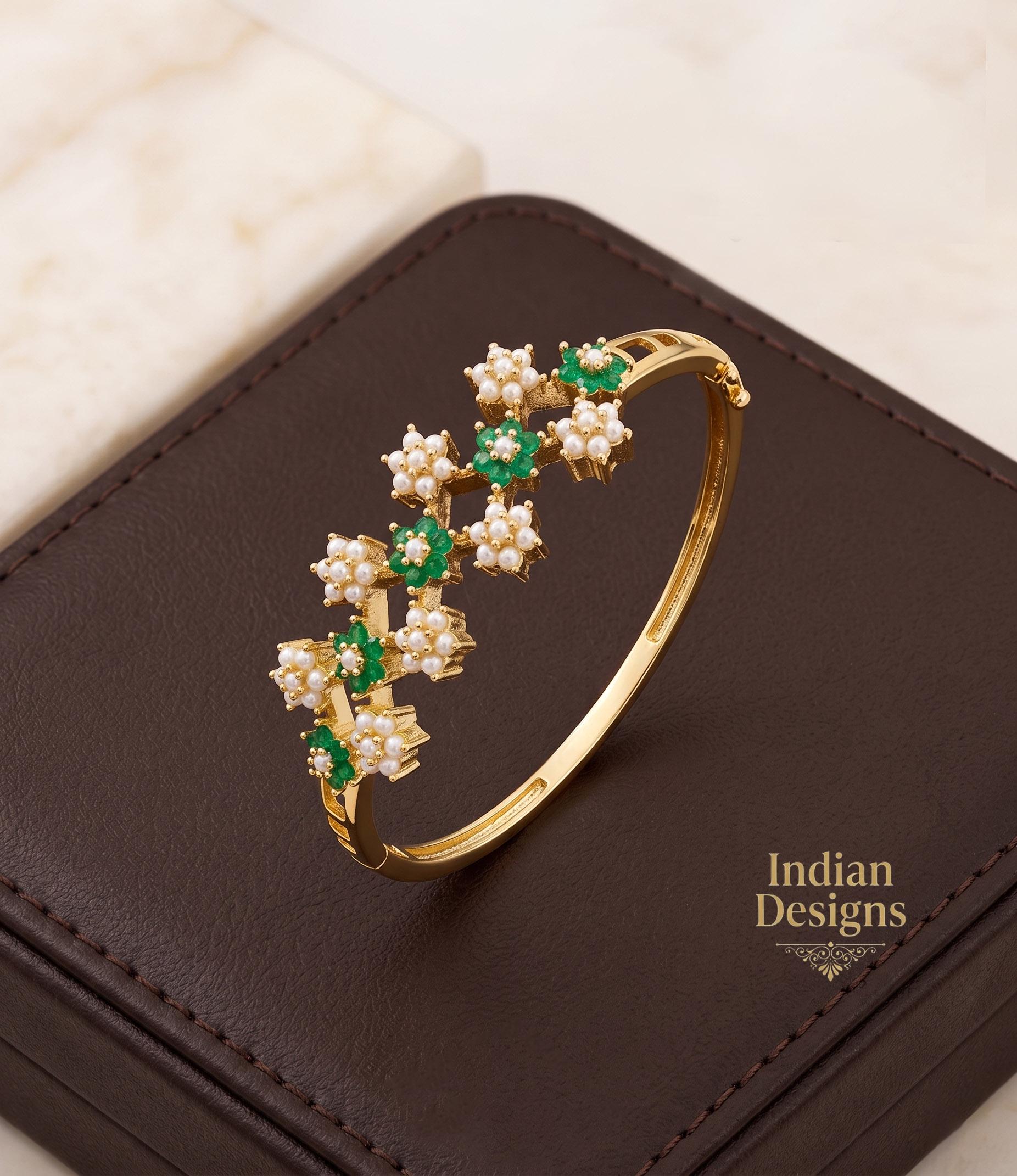 Gold Floral Bangle Bracelet| Indian Emerald Ruby Pearl Flower Cluster Kada| Statement Bridal Jewelry| Multi Gemstone Kada| Gift for Her