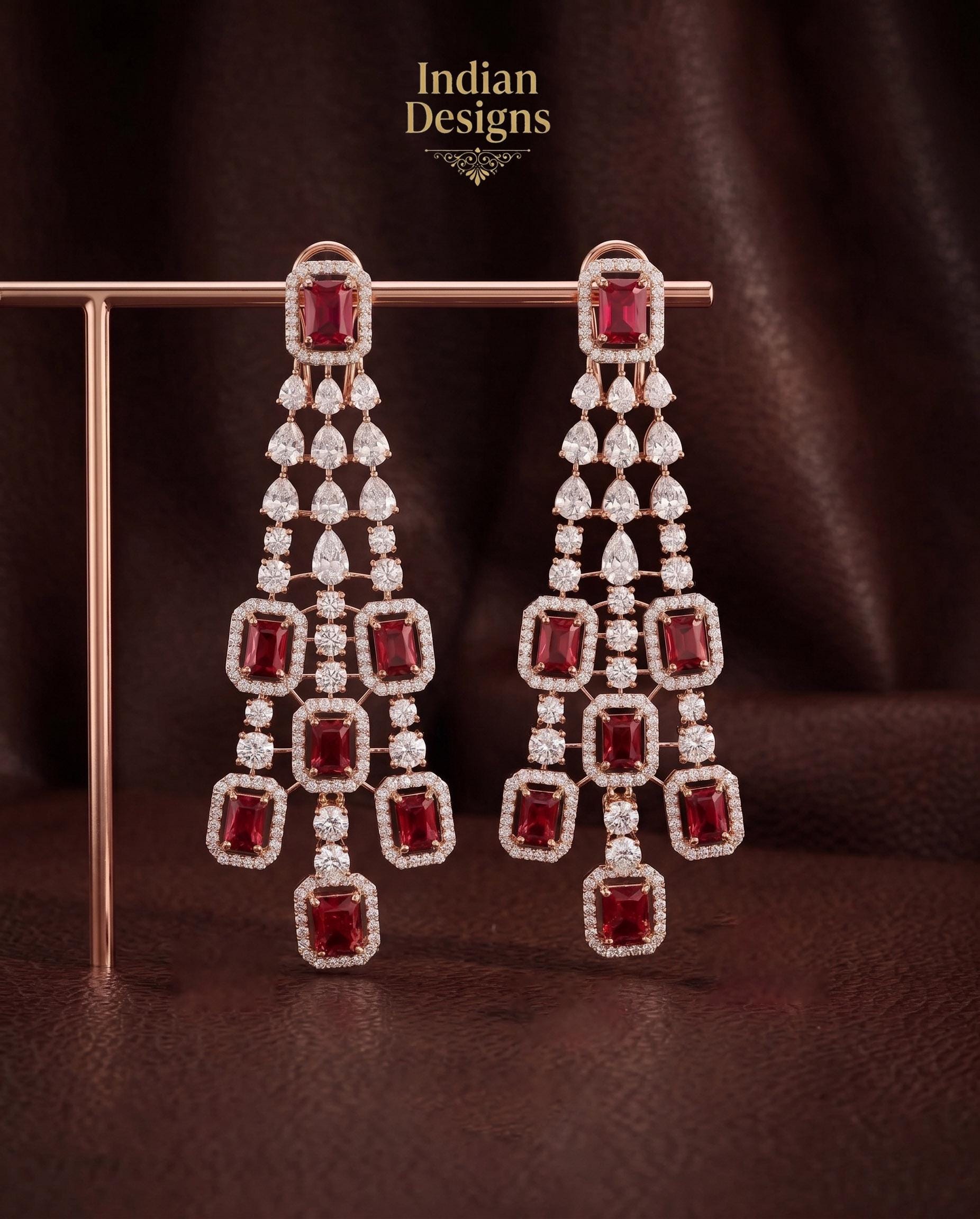 Bridal Chandelier Earrings| Emerald Cut Crystal Dangle Earrings| Statement Indian Wedding Jewelry| Ruby Blue Sapphire Pink Drop Earrings
