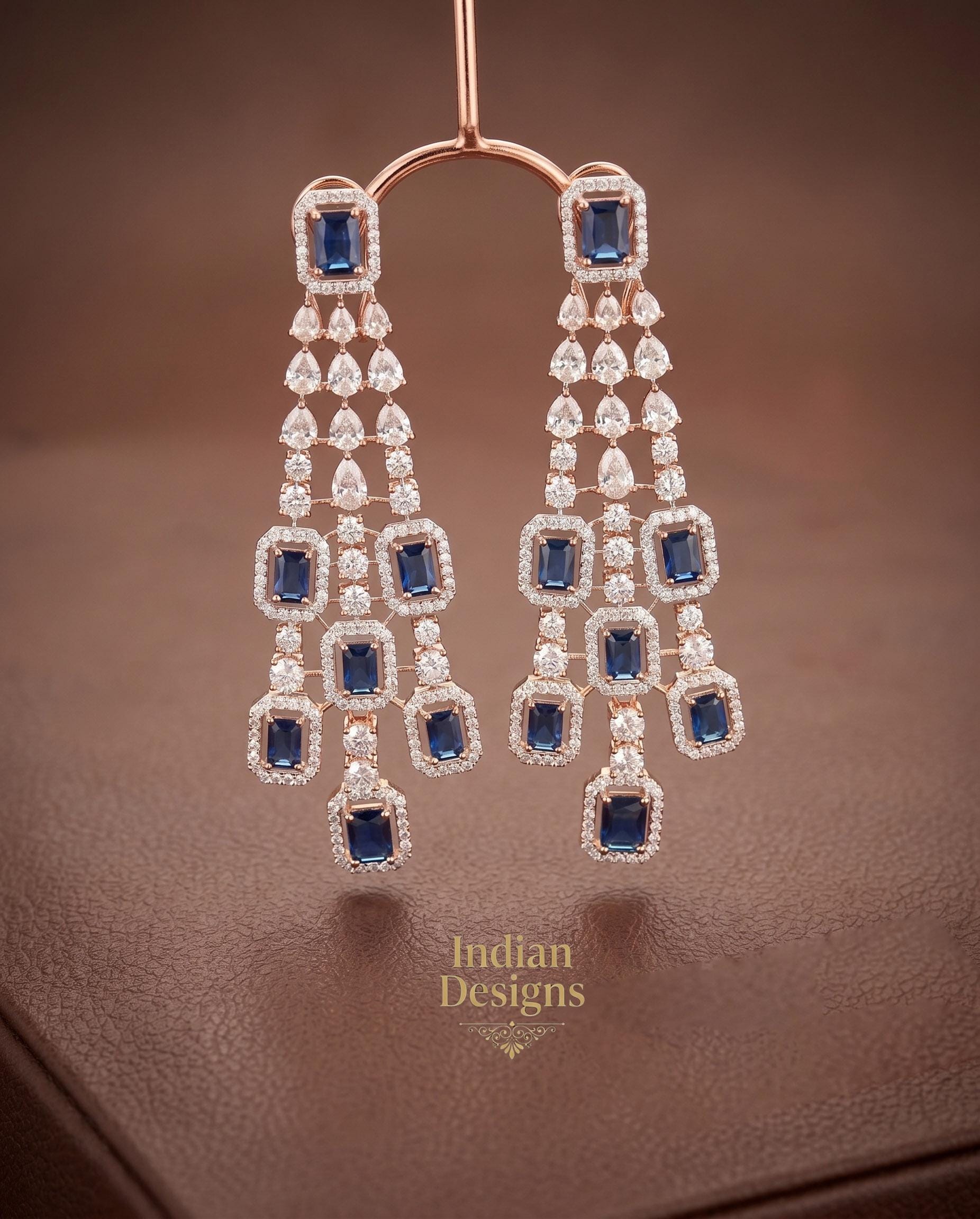 Bridal Chandelier Earrings| Emerald Cut Crystal Dangle Earrings| Statement Indian Wedding Jewelry| Ruby Blue Sapphire Pink Drop Earrings