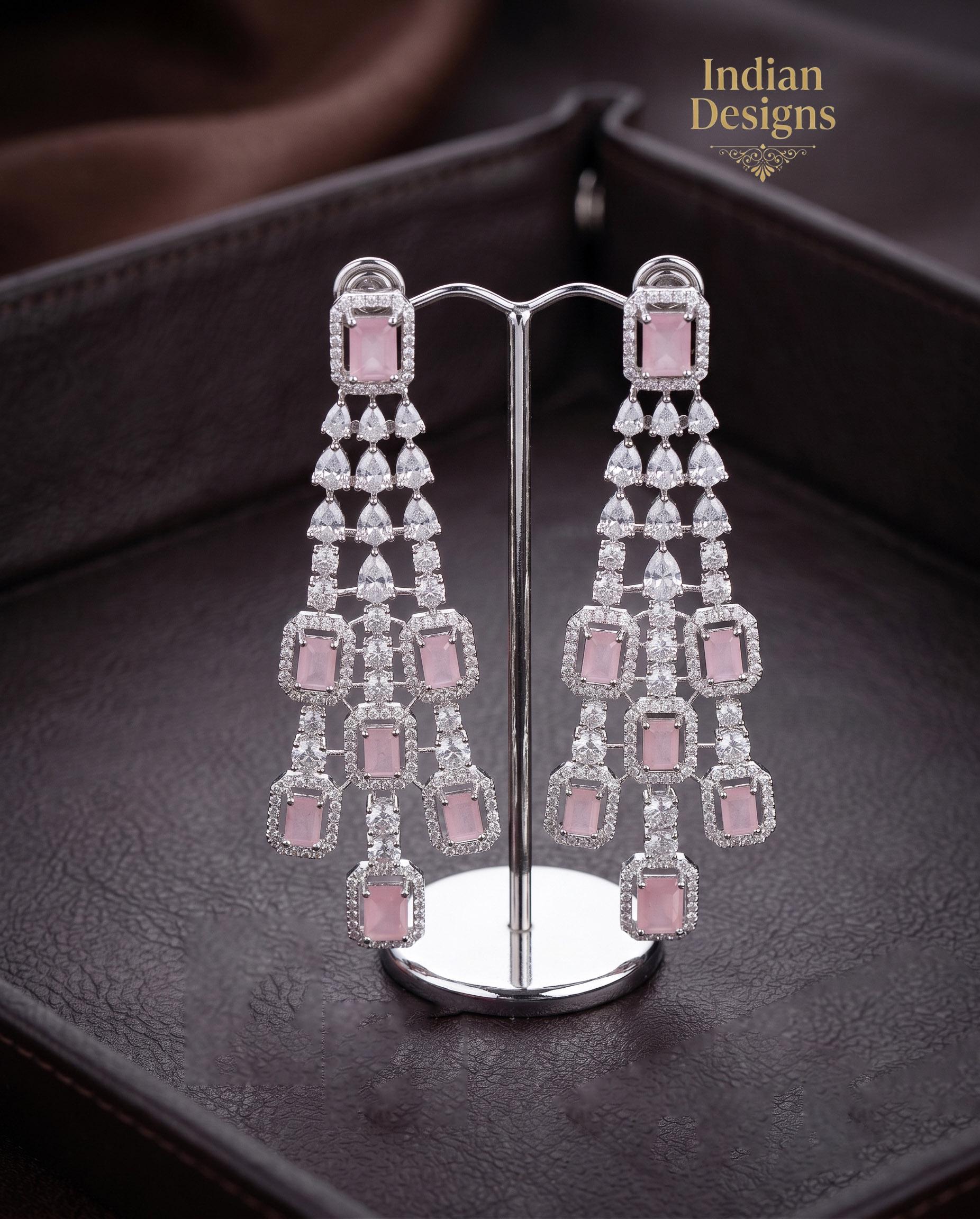 Bridal Chandelier Earrings| Emerald Cut Crystal Dangle Earrings| Statement Indian Wedding Jewelry| Ruby Blue Sapphire Pink Drop Earrings