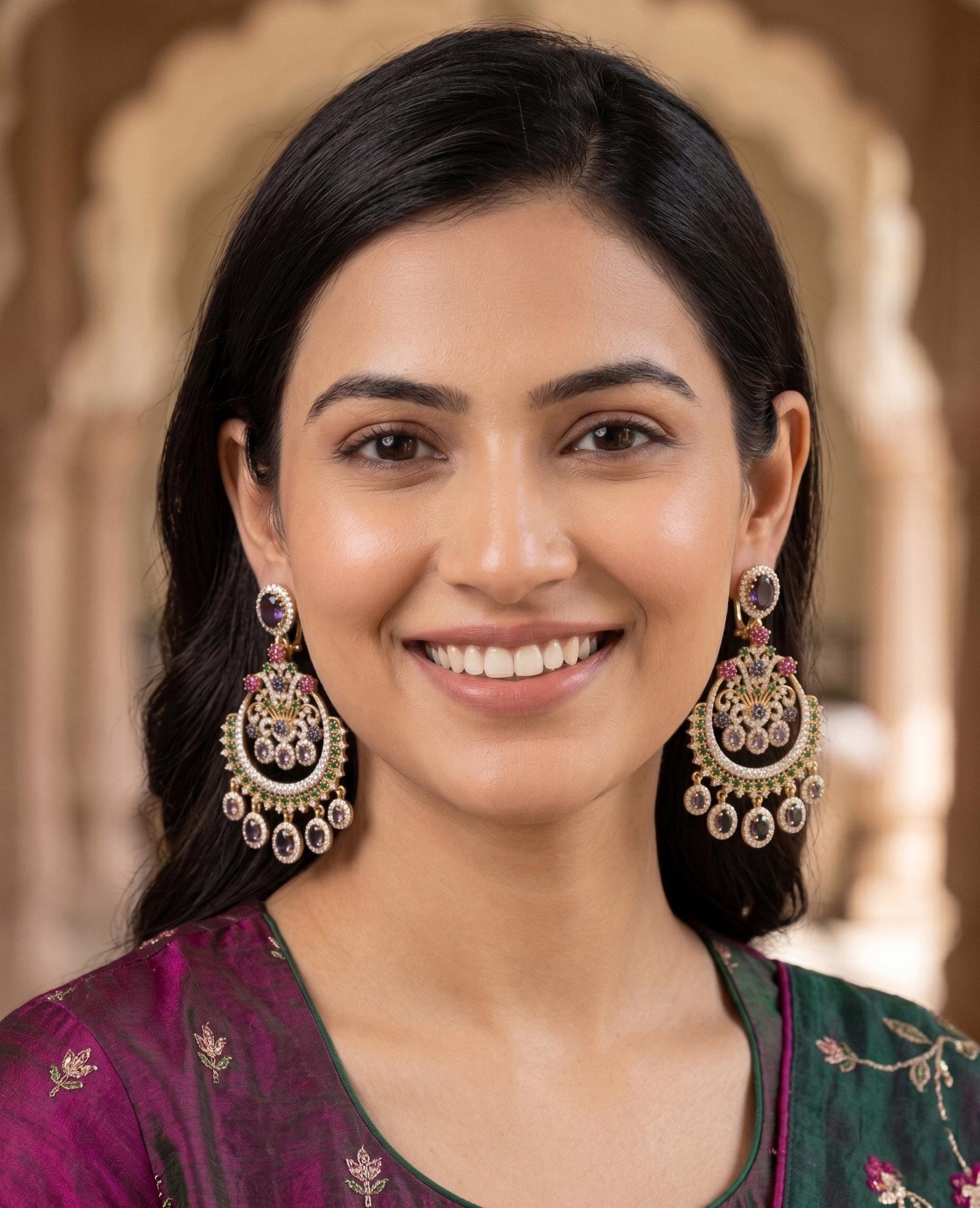 Sabyasachi Inspired Chandbali Earrings, Multicolor Indian Statement Earrings, Navratna Style Crescent Chaandbalis, Bollywood Wedding Jewelry
