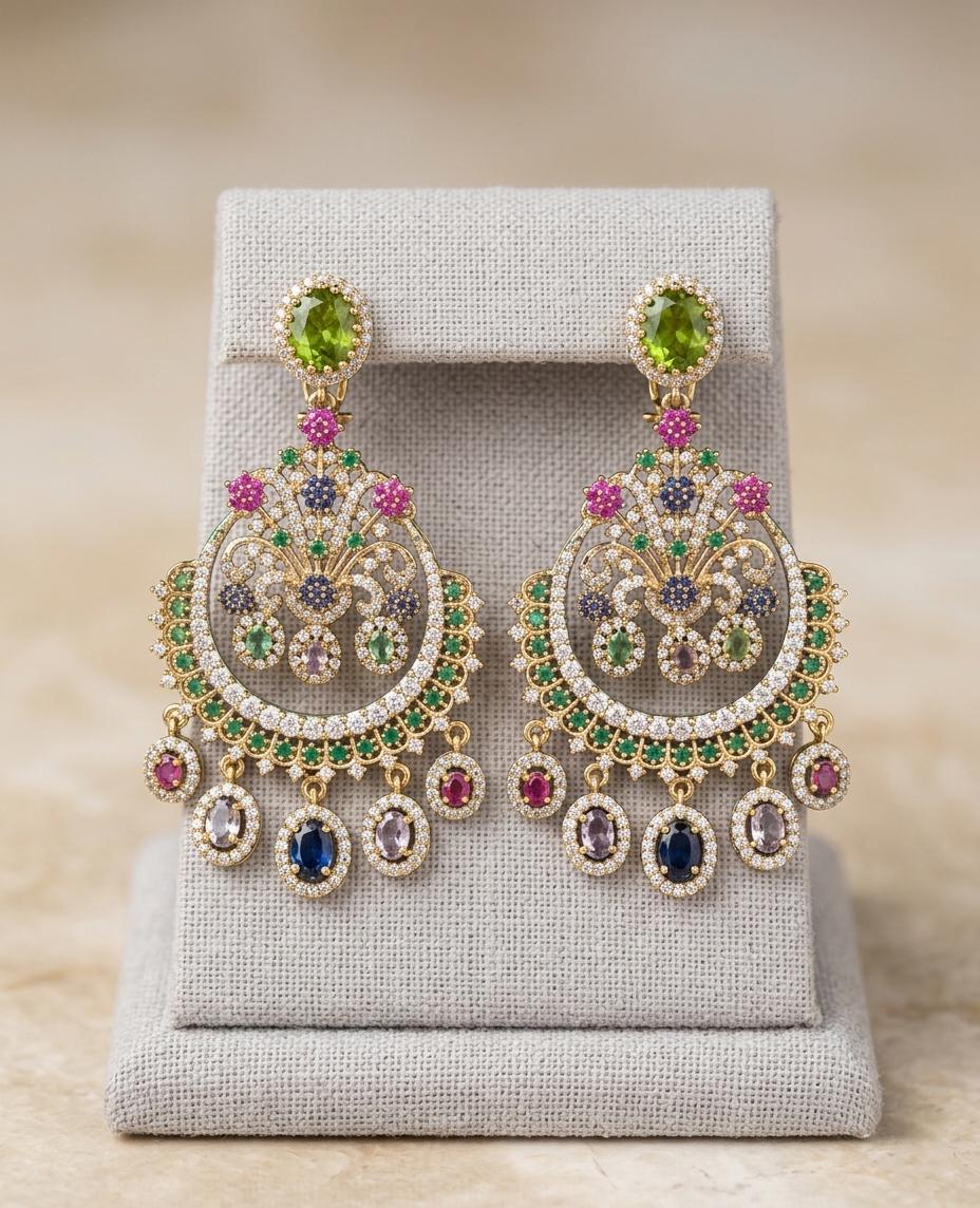 Sabyasachi Inspired Chandbali Earrings, Multicolor Indian Statement Earrings, Navratna Style Crescent Chaandbalis, Bollywood Wedding Jewelry