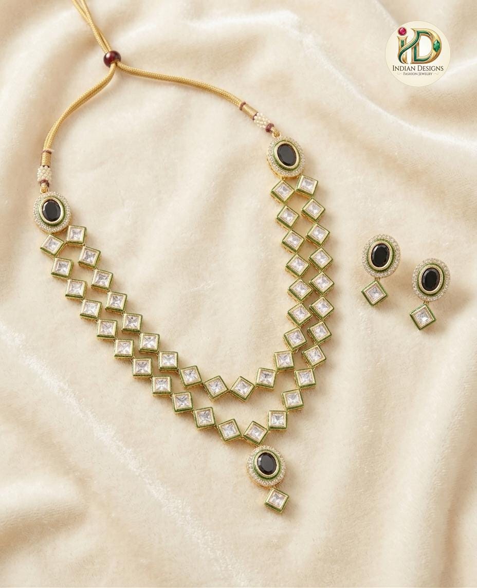 Indian Bridal Jewelry Set| Gold Plated Kundan Necklace and Earrings| Green Meenakari Choker| Traditional Wedding Jewelry| Gift for Her