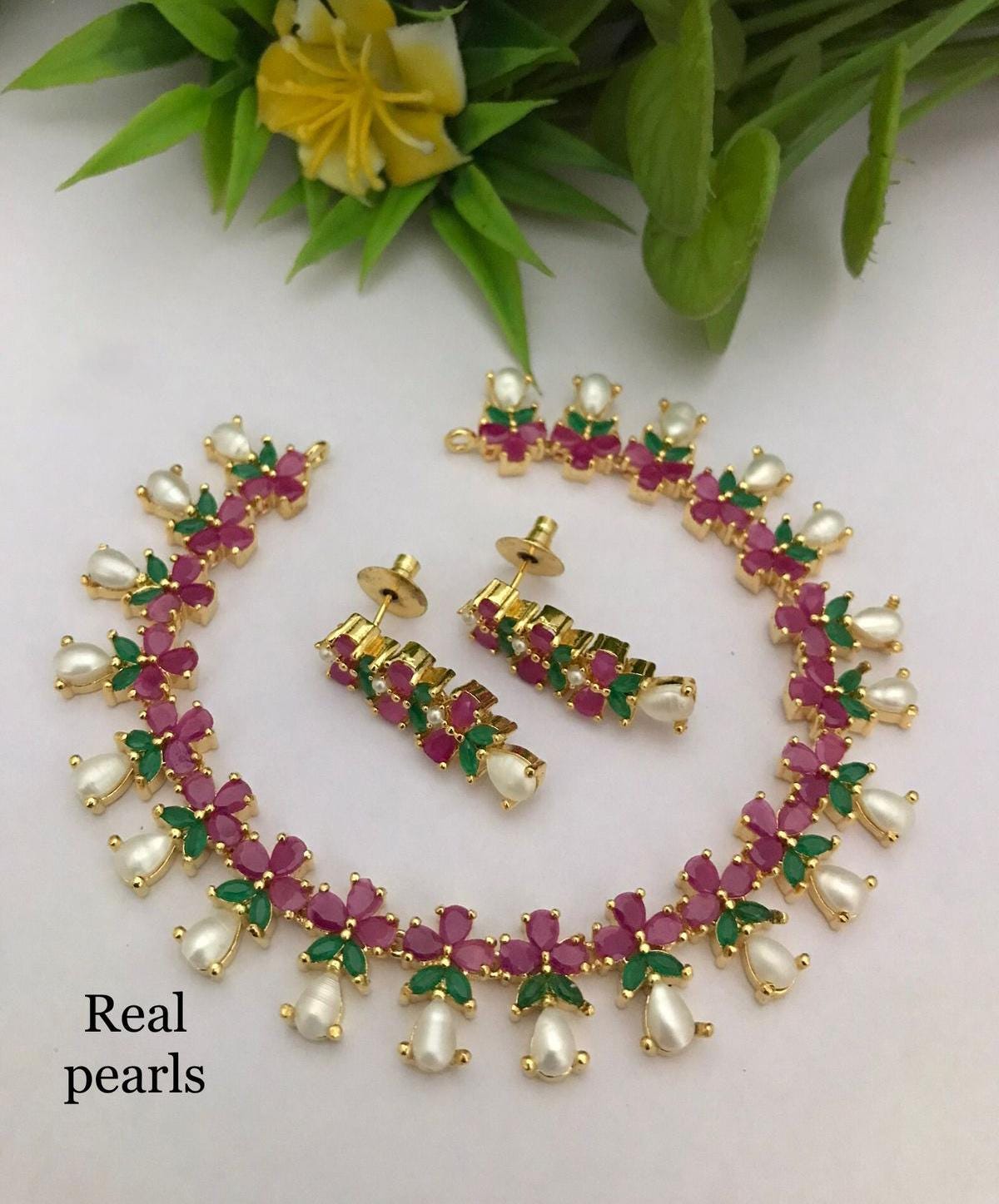 Floral Pearl Necklace Set| Real Pearl Jewelry Set with Earrings| Multicolor Gemstone Choker| Gold Plated Ruby Emerald set| Gift for Her