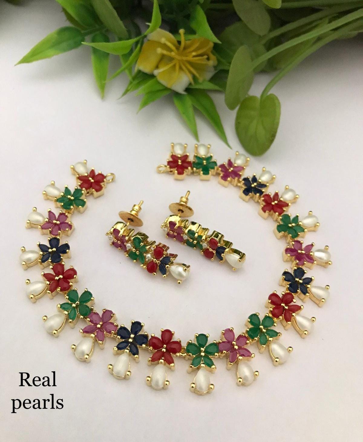 Floral Pearl Necklace Set| Real Pearl Jewelry Set with Earrings| Multicolor Gemstone Choker| Gold Plated Ruby Emerald set| Gift for Her