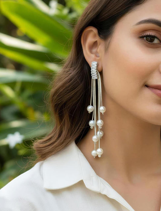 Long Drop Pearl Earrings| Silver Tassel Cascade Earrings| Bridesmaid jewelry| Long floating pearl dangles| Anniversary gift for wife