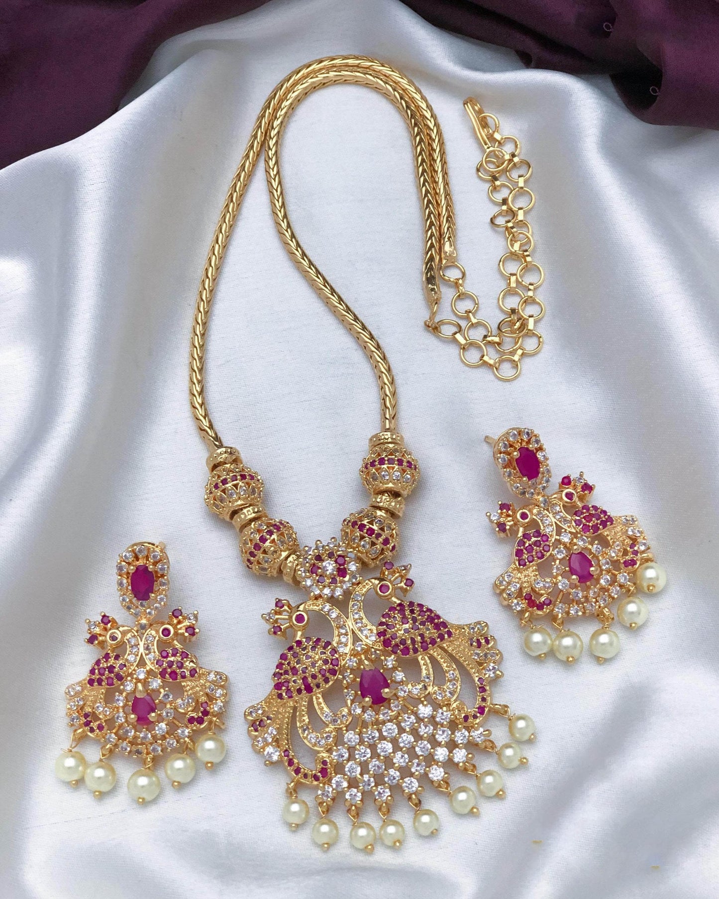 Gold plated peacock necklace set| south Indian ad stone jewelry| traditional ruby emerald white pendant| South Indian Wedding Jewelry Set