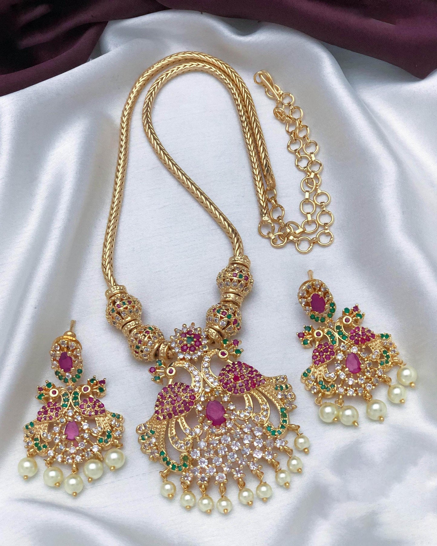 Gold plated peacock necklace set| south Indian ad stone jewelry| traditional ruby emerald white pendant| South Indian Wedding Jewelry Set