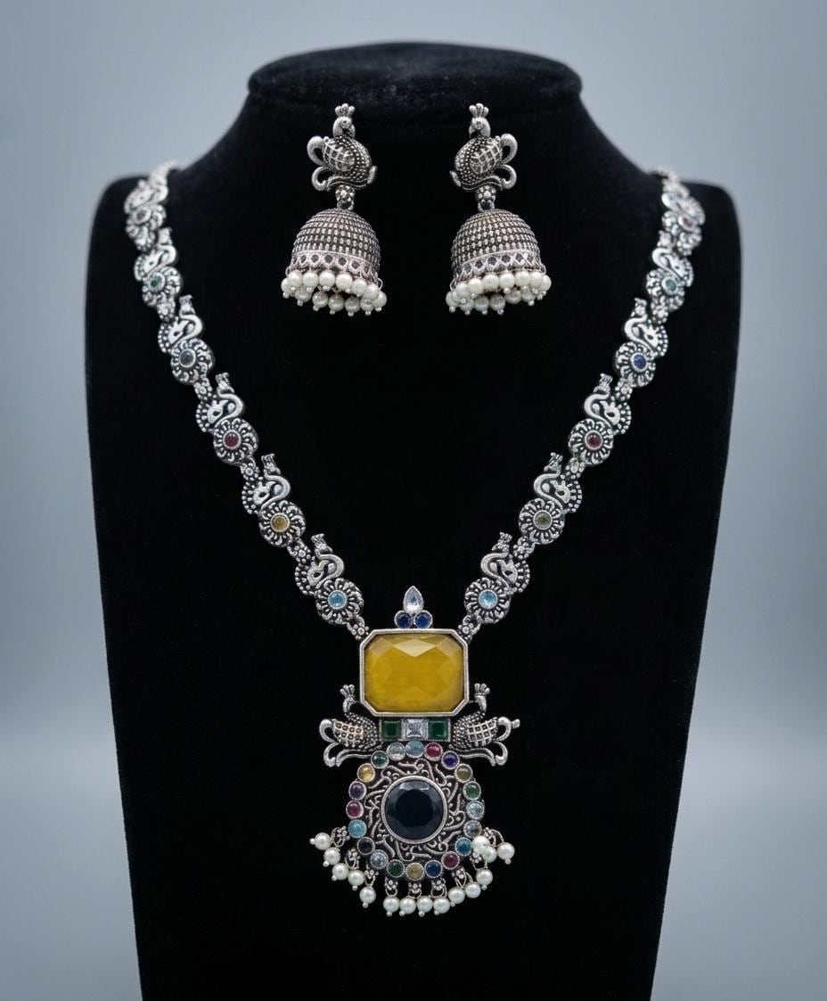 German Silver Oxidized Necklace and Earring set | Indian Jewelry Oxidized necklace with color stones | Traditional Antique Wedding jewelry