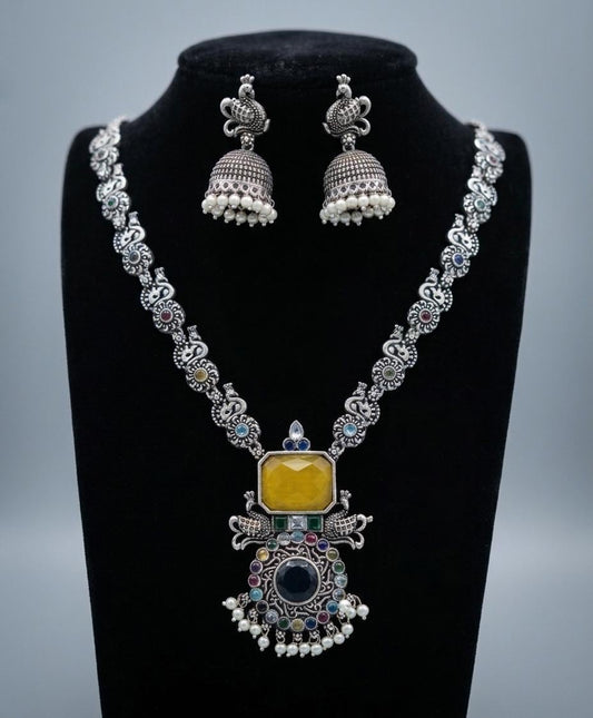 German Silver Oxidized Necklace and Earring set | Indian Jewelry Oxidized necklace with color stones | Traditional Antique Wedding jewelry
