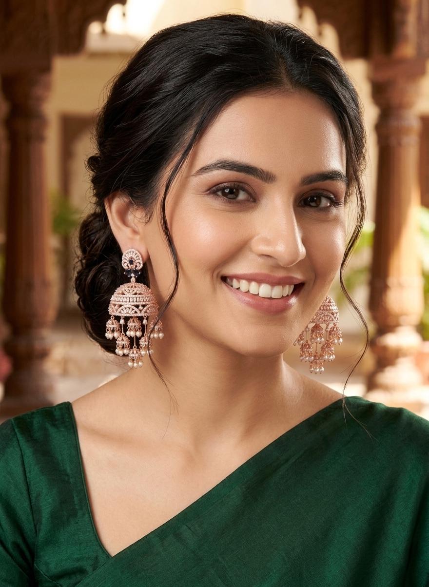 Shop beautiful indian wedding bridal jhumka | rose gold -blue and white- american diamond ad jhumka earrings | punjabi wedding heavy jhumkas