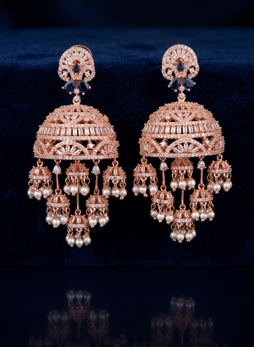 Shop beautiful indian wedding bridal jhumka | rose gold -blue and white- american diamond ad jhumka earrings | punjabi wedding heavy jhumkas