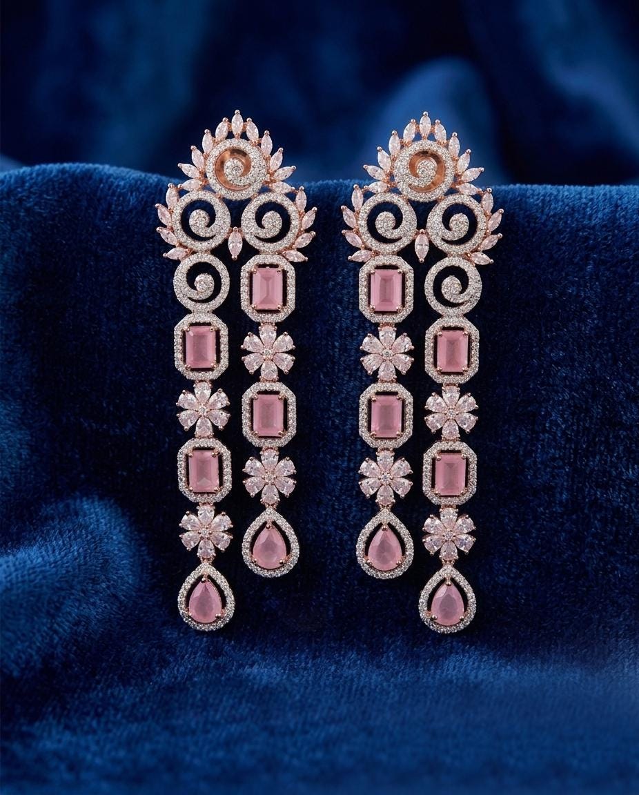 Rose Gold Long Chandelier Earrings| Bridal Statement Dangle Earrings, Pink/Green/Mint Stones| Indian Party wear Jewelry| Lightweight Earring