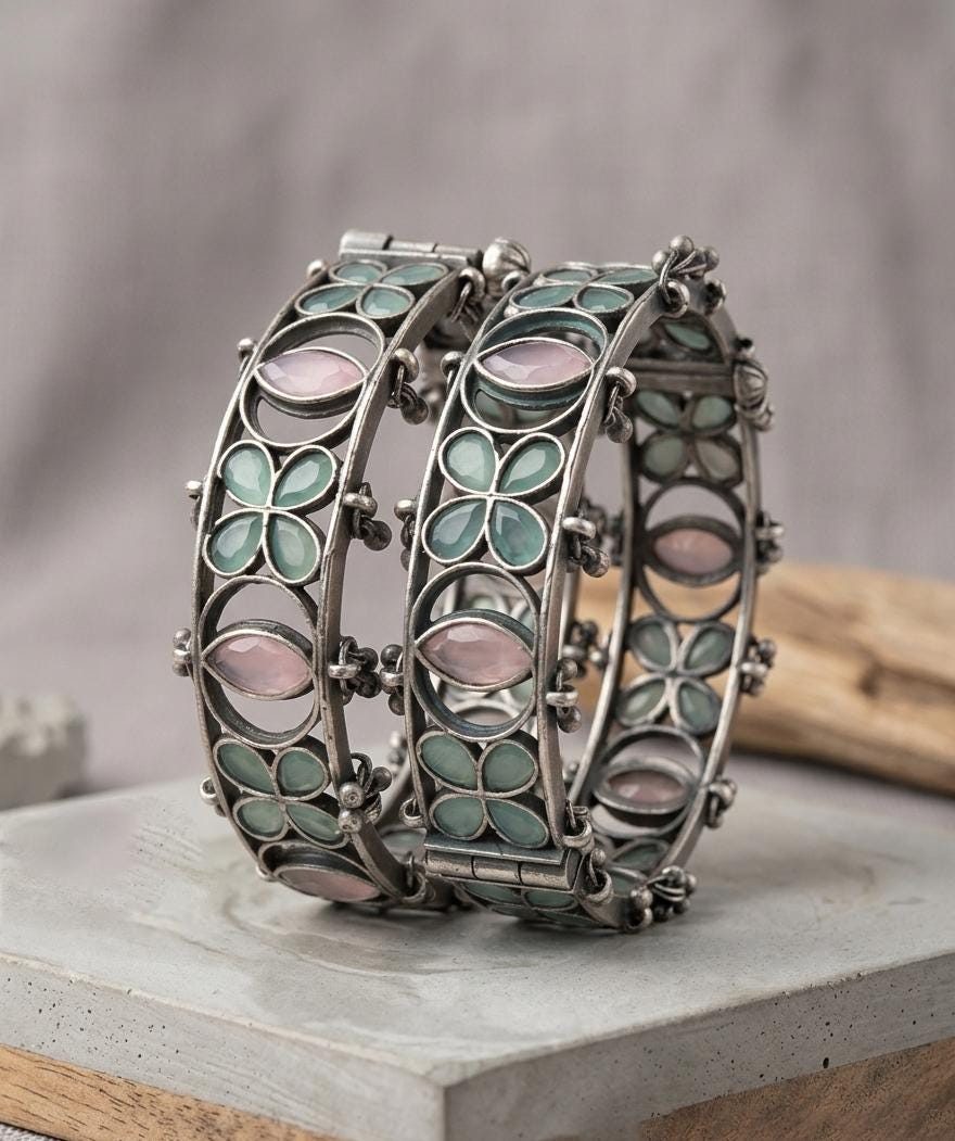 Oxidized Silver Bangles| Kundan AD stone Bracelets| Handmade Boho Cuff Bangles| Floral Design Bracelet| Gift for Her