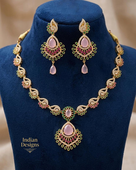 Matte Gold Indian Necklace Set with Earrings| American Diamond CZ Choker| Emerald Green Pink Purple Mint Ruby Necklace Set| Gift for her