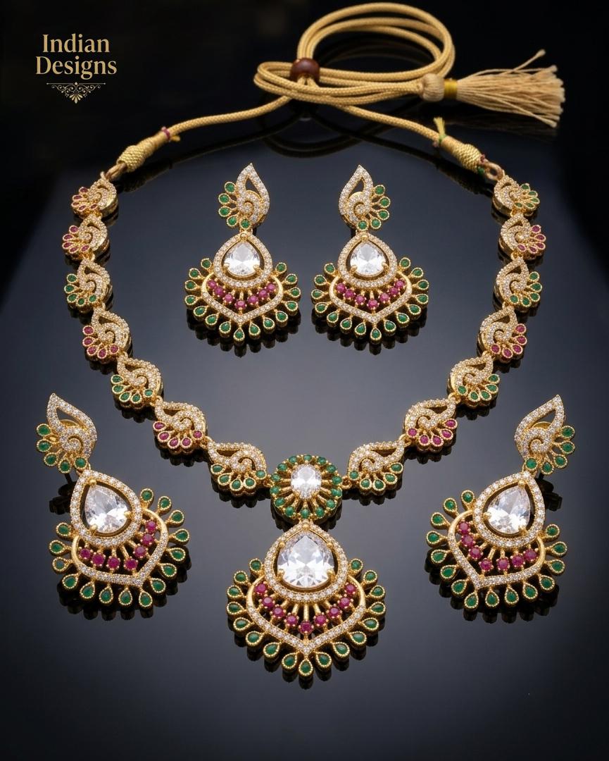 Matte Gold Indian Necklace Set with Earrings| American Diamond CZ Choker| Emerald Green Pink Purple Mint Ruby Necklace Set| Gift for her