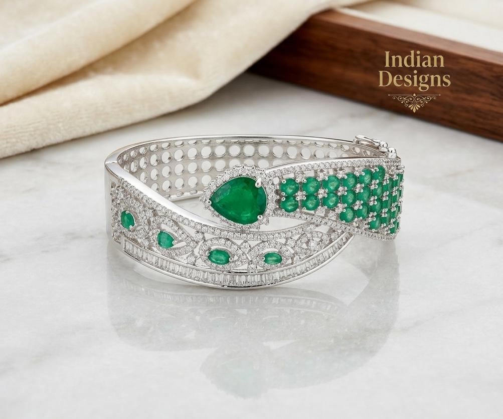 Silver Tone Ruby & Emerald CZ Bracelet for Women| Statement Kada Bangle| Bridal Party Jewelry| Open Cuff Bracelet 2.6/2.8 size| Gift for her