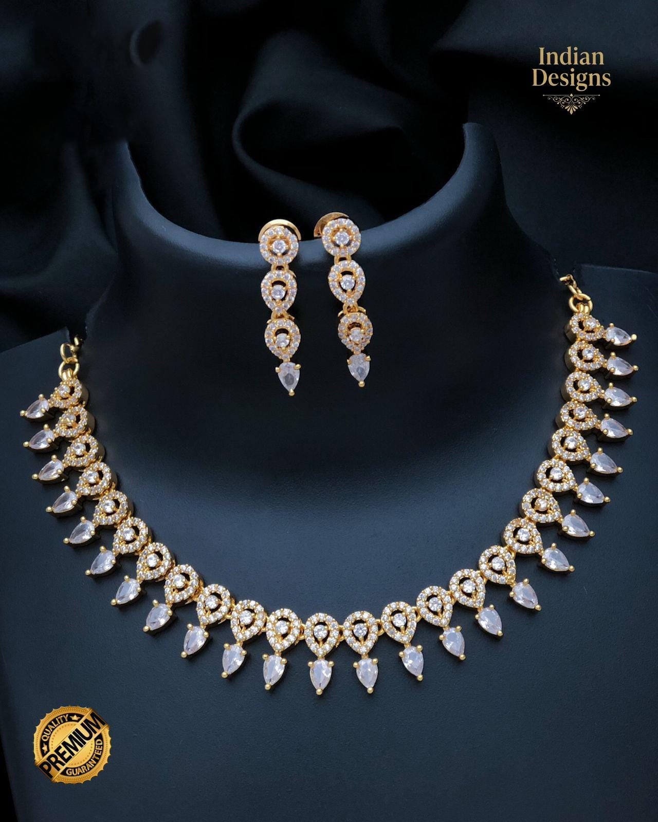 Gold plated Indian Choker and Earrings Set| CZ American Diamond Neckpiece| Minimalist Necklace with Matching Earrings| Traditional Choker