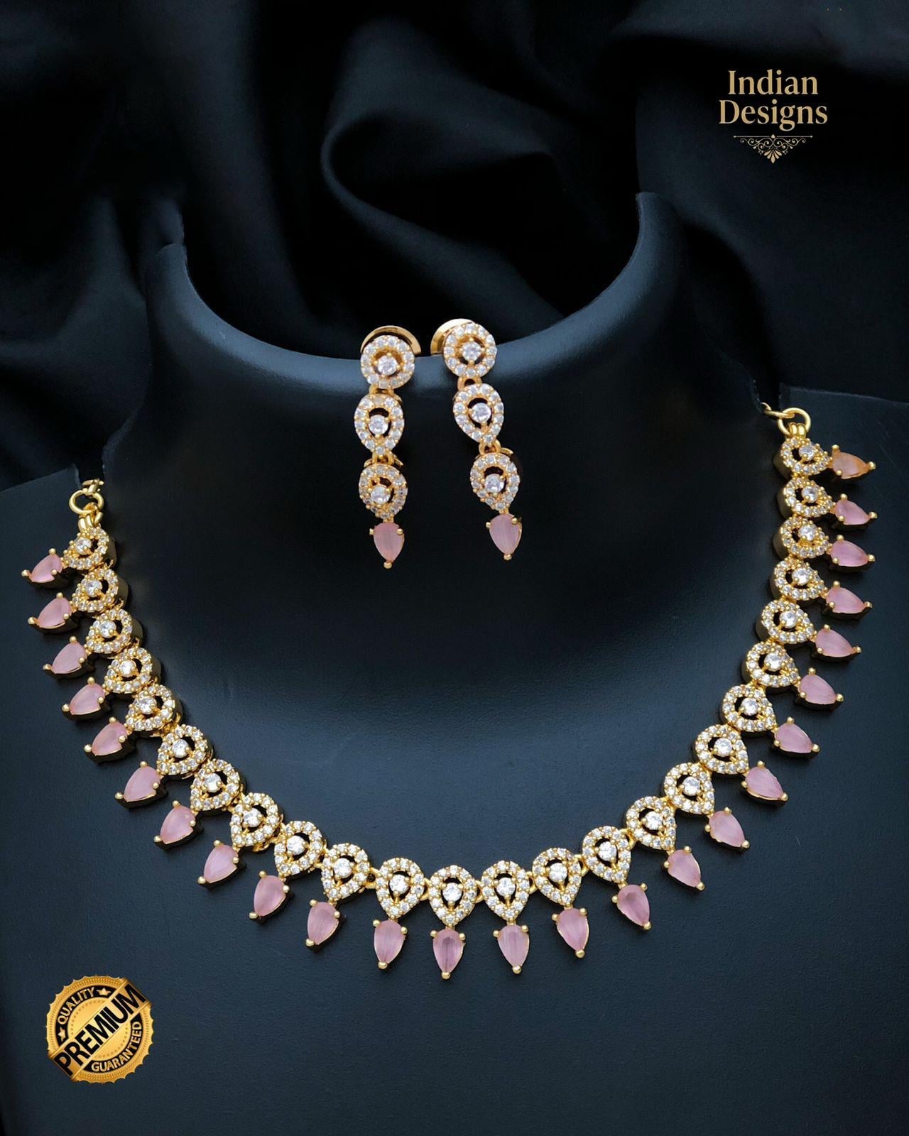 Gold plated Indian Choker and Earrings Set| CZ American Diamond Neckpiece| Minimalist Necklace with Matching Earrings| Traditional Choker