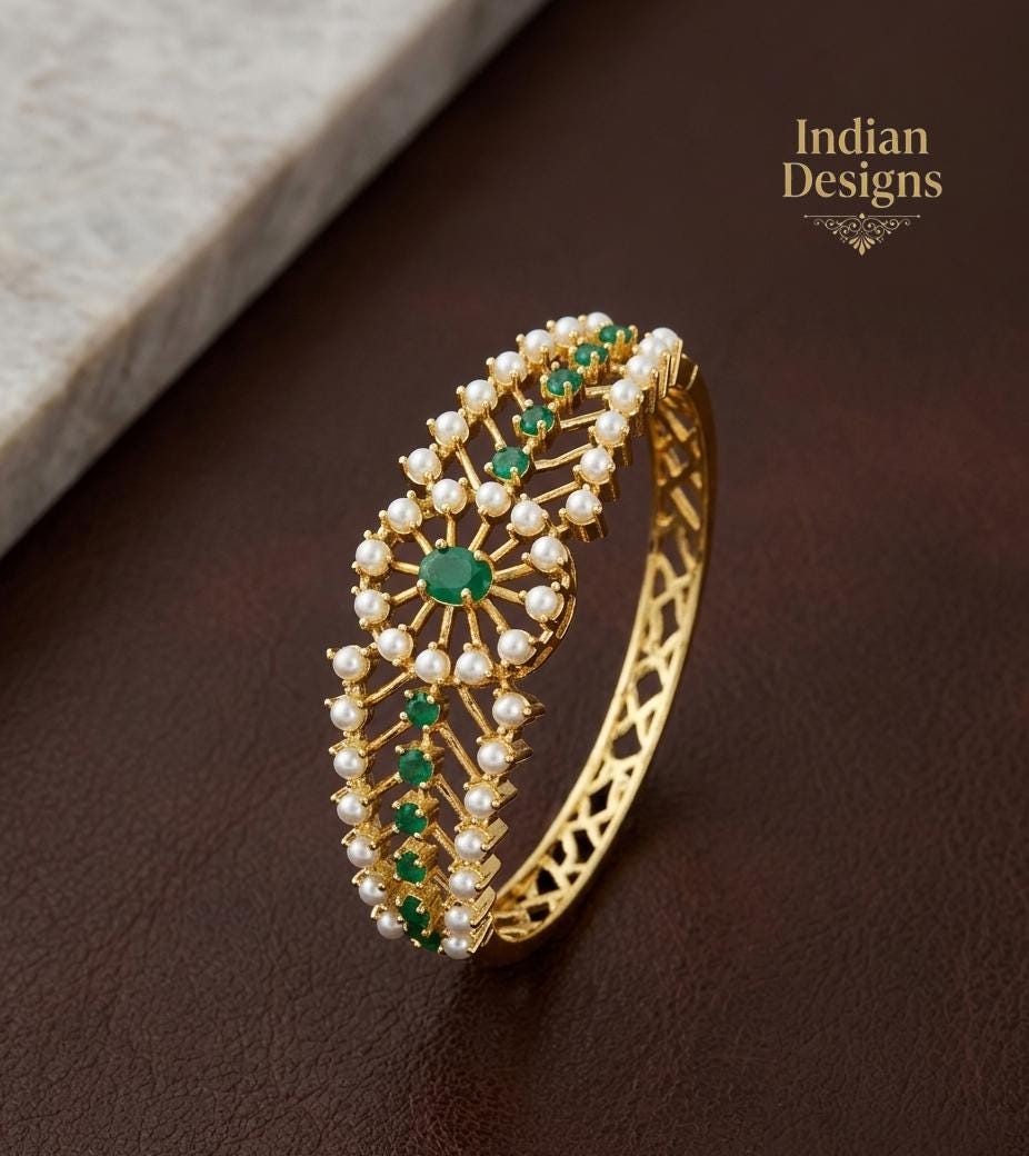 Traditional Pearl & Emerald Green Open Bracelet for Women| Gold Tone Kada Bangle| Bridal Jewelry| Statement Bracelet|Gift for her Size 2.6/8