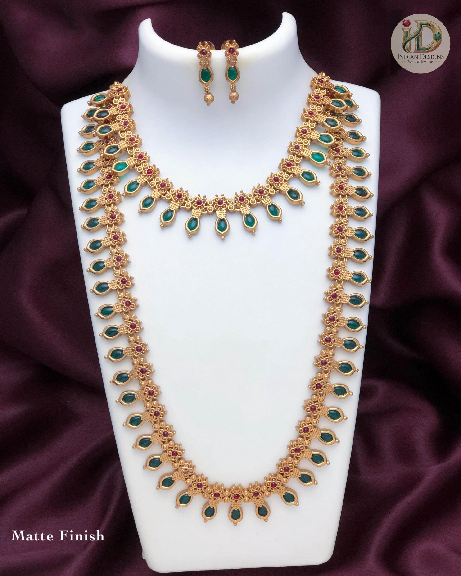 Matte Gold Choker and Long Necklace Combo Set| Emerald Green Ruby Pink Kemp Stone Mango Mala| South Indian Temple Jewelry| Gift for her