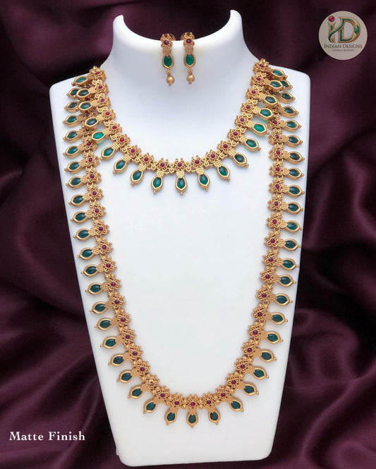 Matte Gold Choker and Long Necklace Combo Set| Emerald Green Ruby Pink Kemp Stone Mango Mala| South Indian Temple Jewelry| Gift for her