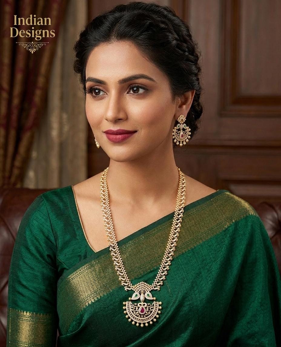 Traditional Indian Cz Haram Necklace Set with AD Stones| 22k Gold Plated South Indian Bridal Jewelry| Peacock Guttapusalu Long Necklace