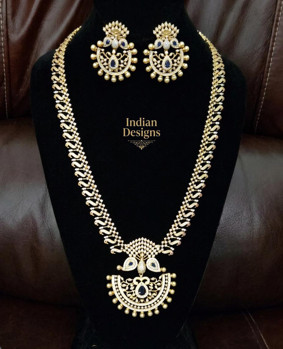 Traditional Indian Cz Haram Necklace Set with AD Stones| 22k Gold Plated South Indian Bridal Jewelry| Peacock Guttapusalu Long Necklace