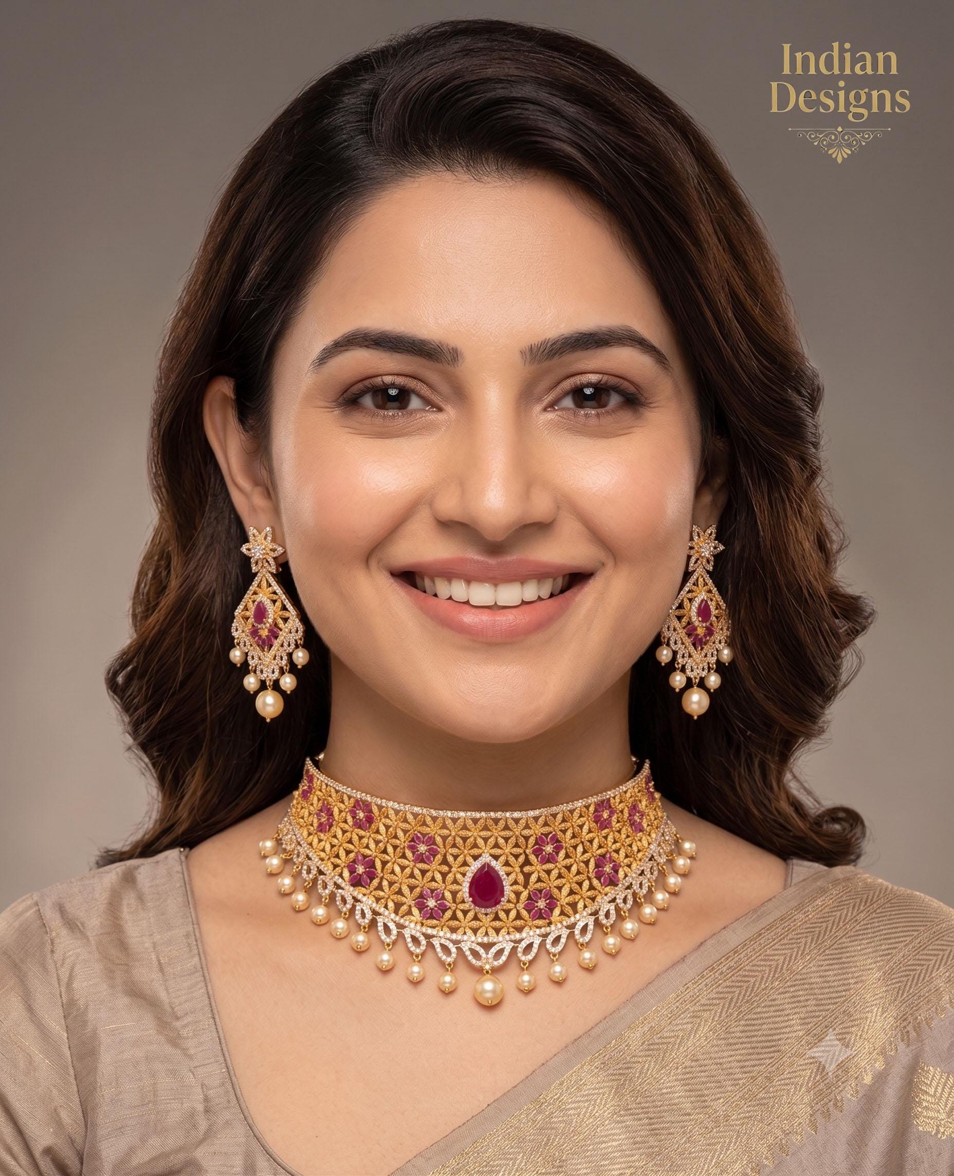 Traditional Gold Plated Choker Set Matte Finish| Statement Necklace and Earrings| Ethnic Indian Wedding Jewelry| Bridal choker| Gift for Her