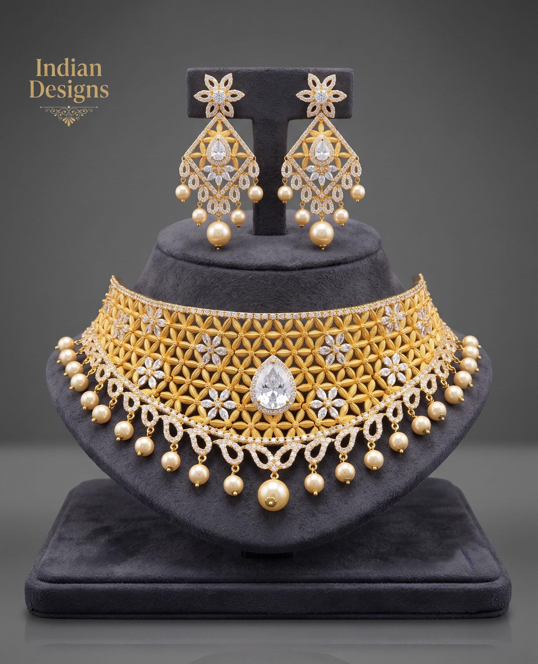 Traditional Gold Plated Choker Set Matte Finish| Statement Necklace and Earrings| Ethnic Indian Wedding Jewelry| Bridal choker| Gift for Her