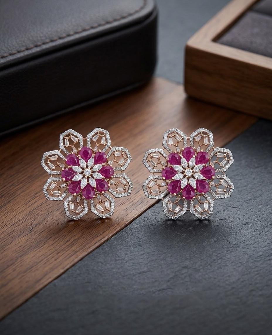Rose Gold Ruby Pink Floral Statement Stud Earrings| CZ Diamond Flower Earrings| Bridal Wedding Earrings| statement studs| Party Jewelry Gift