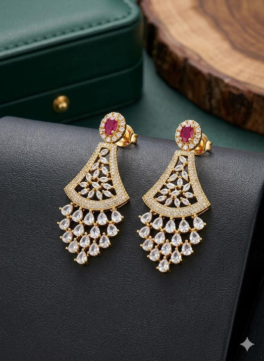 Indian Bridal Earrings with Ruby and CZ Stones| 22k Gold Plated Jhumka Drop Earrings| Bollywood Style Statement Earrings| Gift for Her