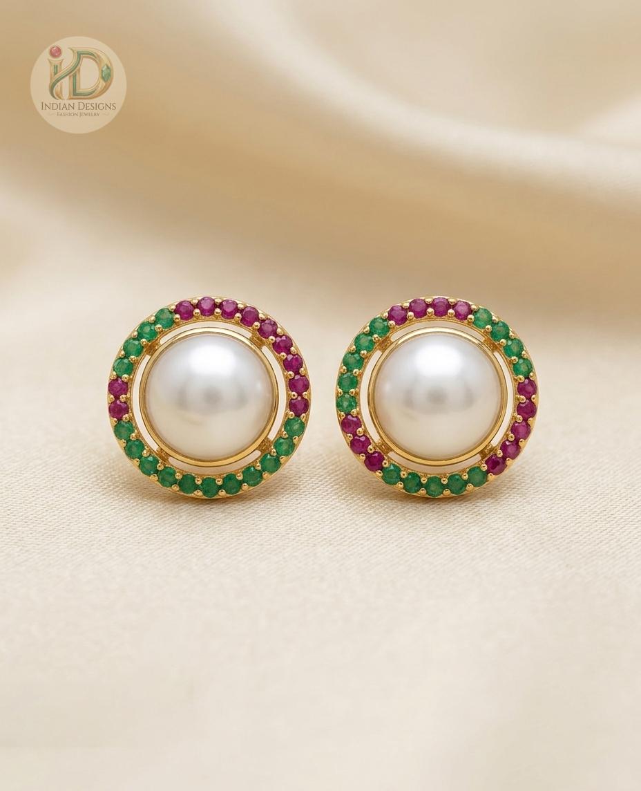 Round Pearl Ear Studs for Women| Gold Plated Ruby & Emerald Studs| Traditional Indian Wedding Jewelry| Statement Earrings| Gift for her