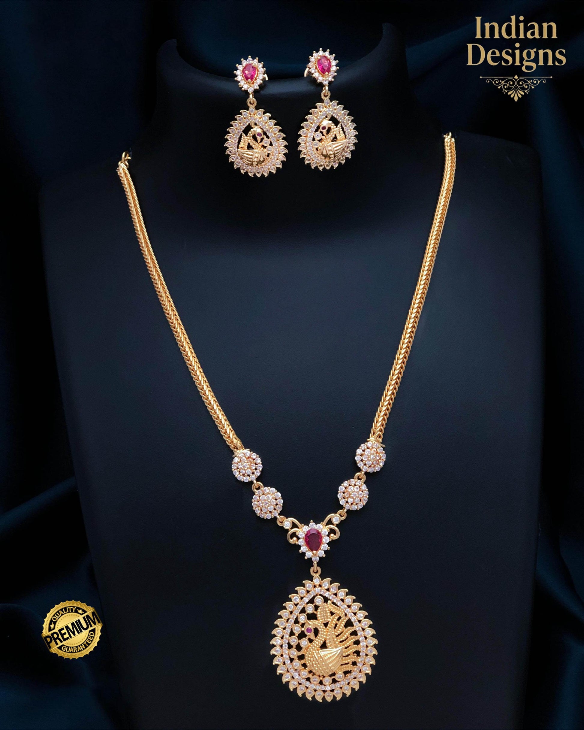 Matte Gold Peacock Necklace with Matching Earrings| Traditional South Indian Set| Ethnic Jewelry for Women| Indian Designs Statement Set