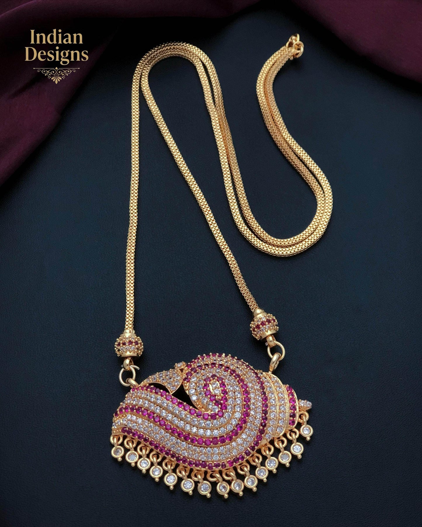 Gold Plated Pendant Necklace| CZ Stone Long Chain Necklace| Traditional Indian Statement Pendant| South Indian Wedding Jewelry| Gift for her