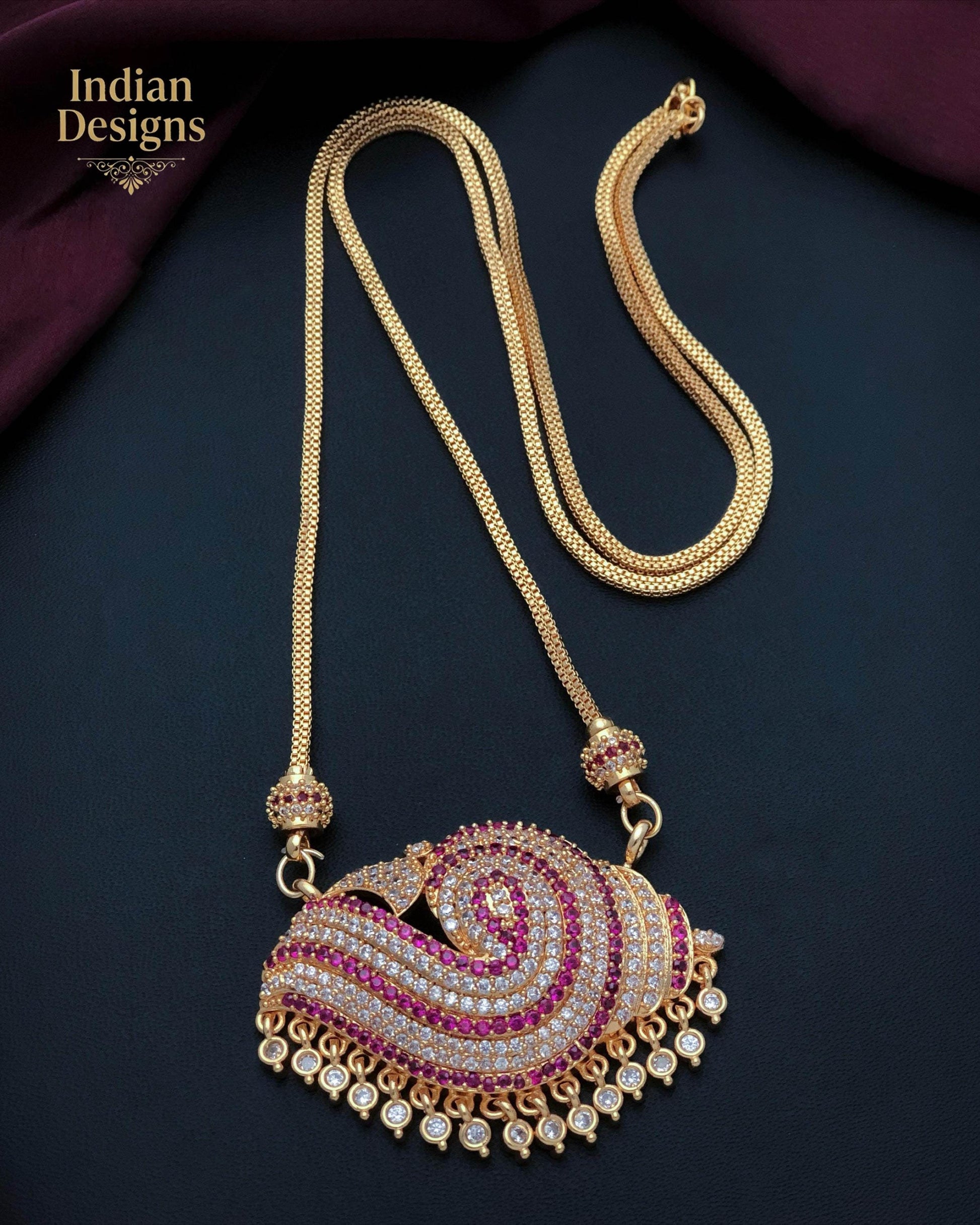 Gold Plated Pendant Necklace| CZ Stone Long Chain Necklace| Traditional Indian Statement Pendant| South Indian Wedding Jewelry| Gift for her