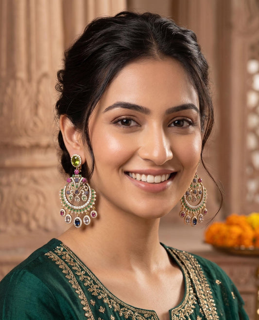 Sabyasachi Inspired Chandbali Earrings, Multicolor Indian Statement Earrings, Navratna Style Crescent Chaandbalis, Bollywood Wedding Jewelry