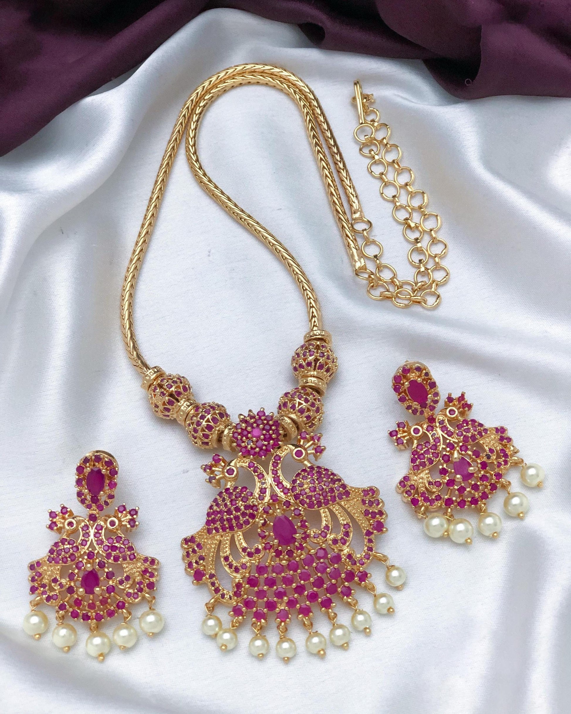 Gold plated peacock necklace set| south Indian ad stone jewelry| traditional ruby emerald white pendant| South Indian Wedding Jewelry Set
